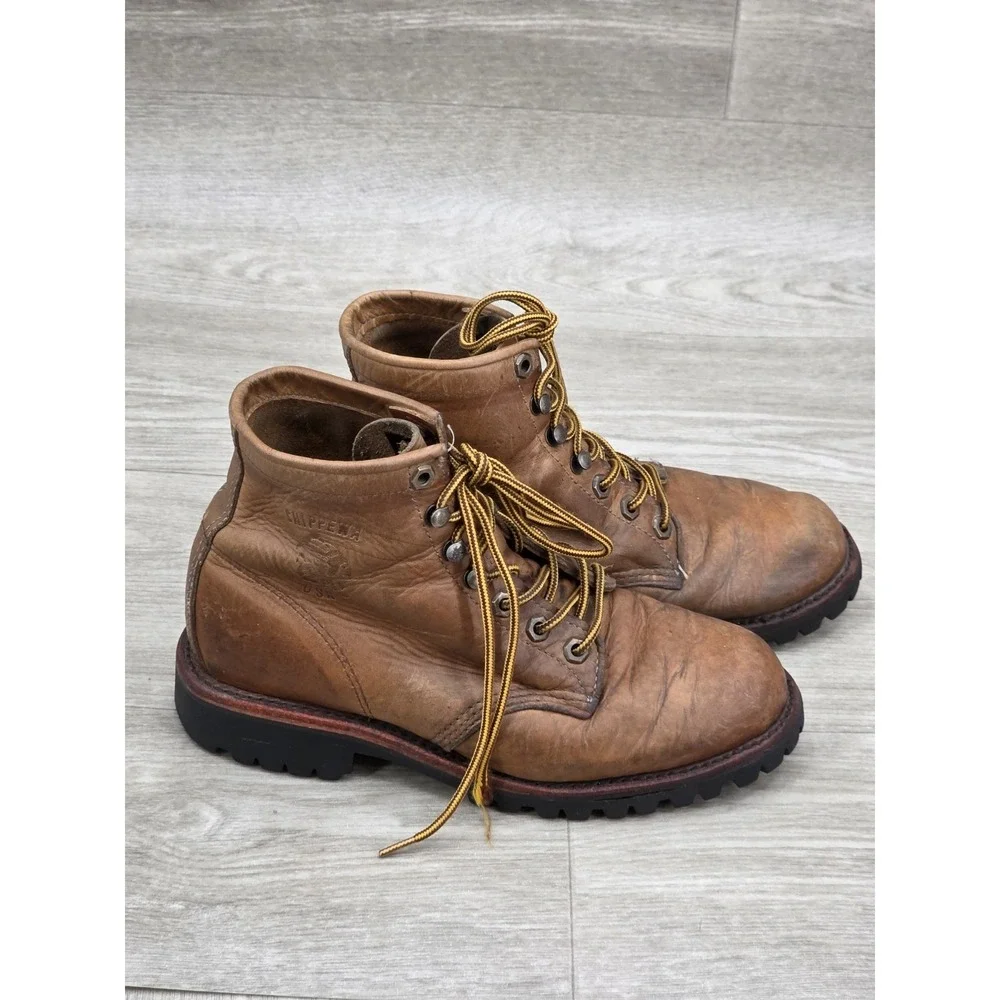 Vintage Chippewa USA Leather Work Boots Mens 6D Brown Lace Up Logger Vibram